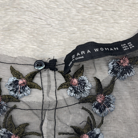 Zara Sheer Mesh Floral Blouse Women XS 0/2 - Picture 6 of 8